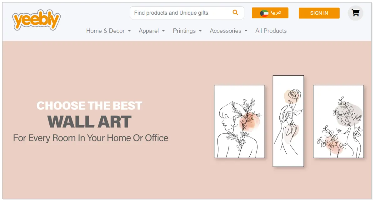 Home page of Yeebly showcasing a sketch of a lady from back side and a hand holding on rose flower.