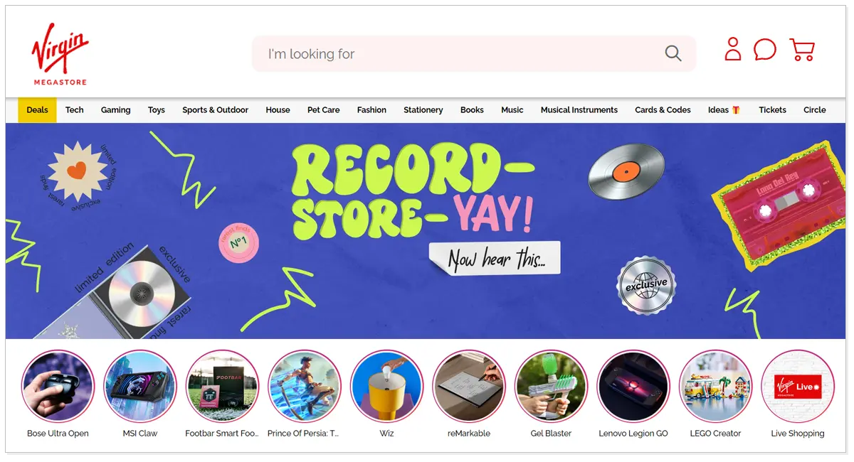 Home page of Virgin Megastore with the images of cd disk and different sections.