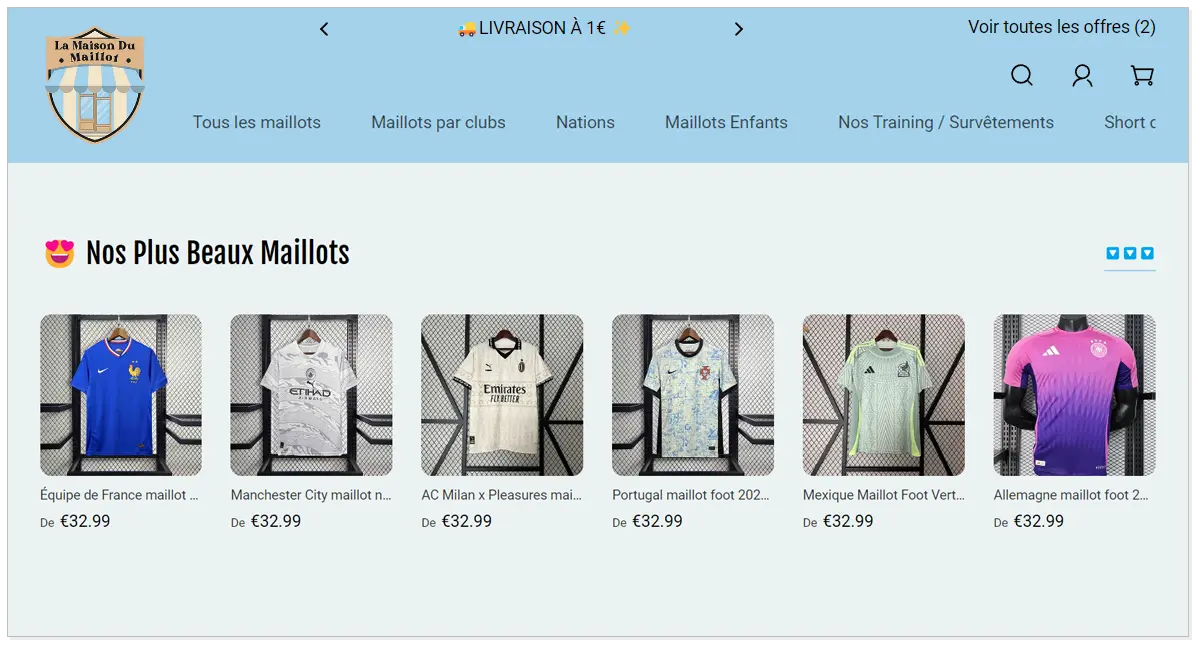 Home page of Maison du Maillot with the different picture of T-shirt.