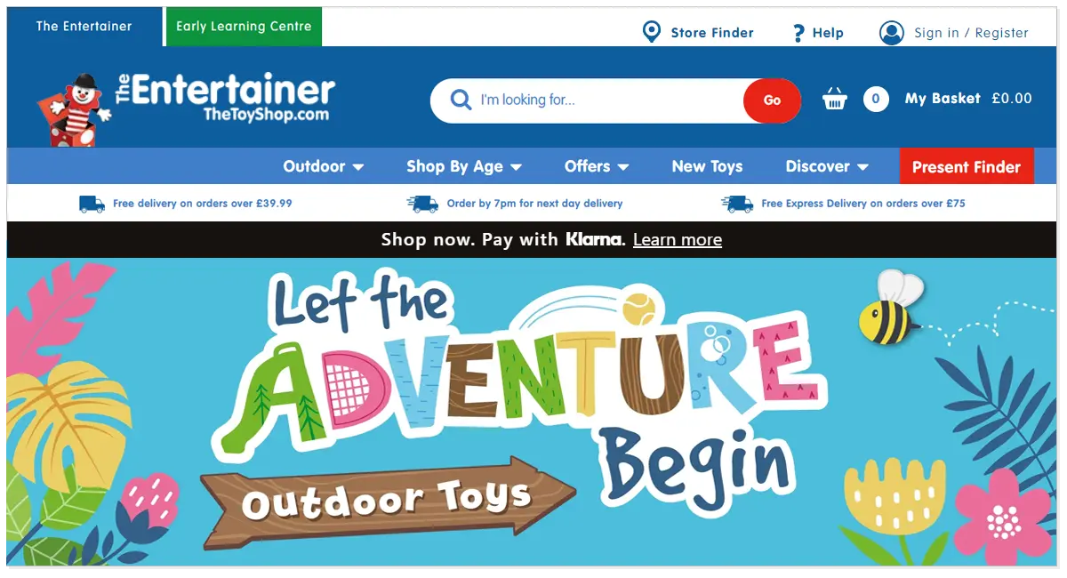 The Entertainer home page with a search bar and a message saying let the Adventure Begin.