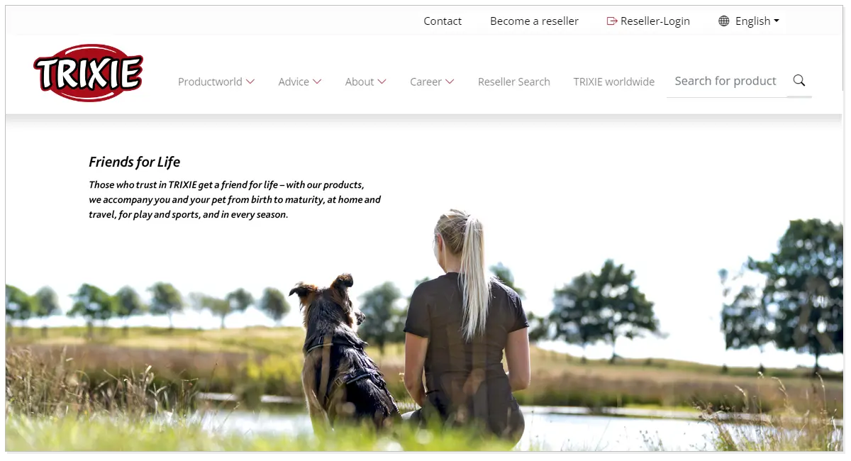 Trixie home page showcasing a lady with the dog.