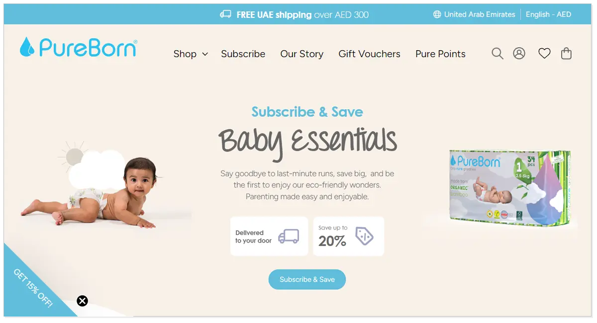A home page of PureBorn showcasing a baby picture laying and baby products images.