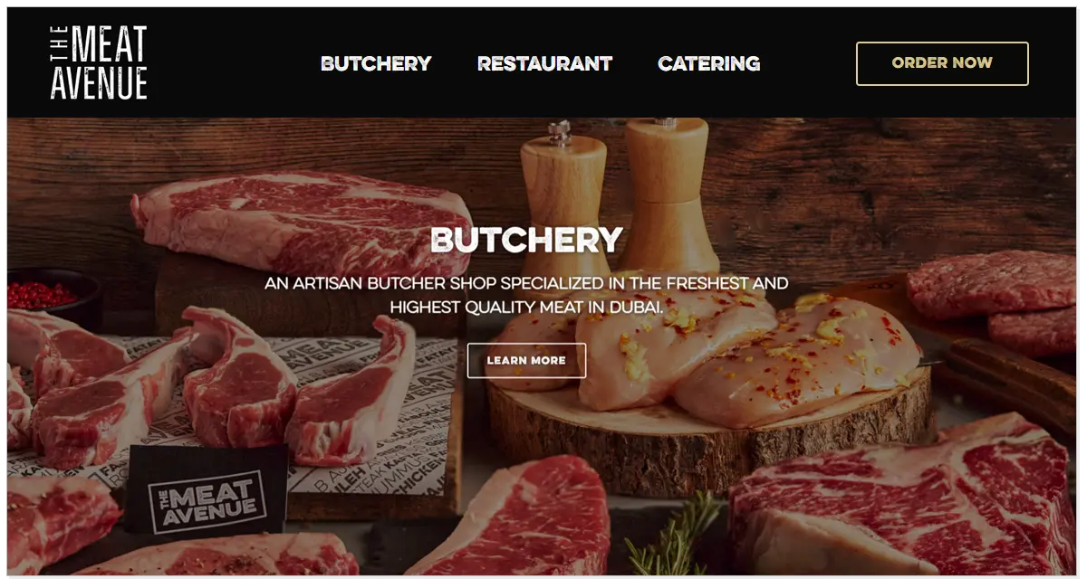 The Meat Avenue home page with the picture of meat pieces and Order Now button.