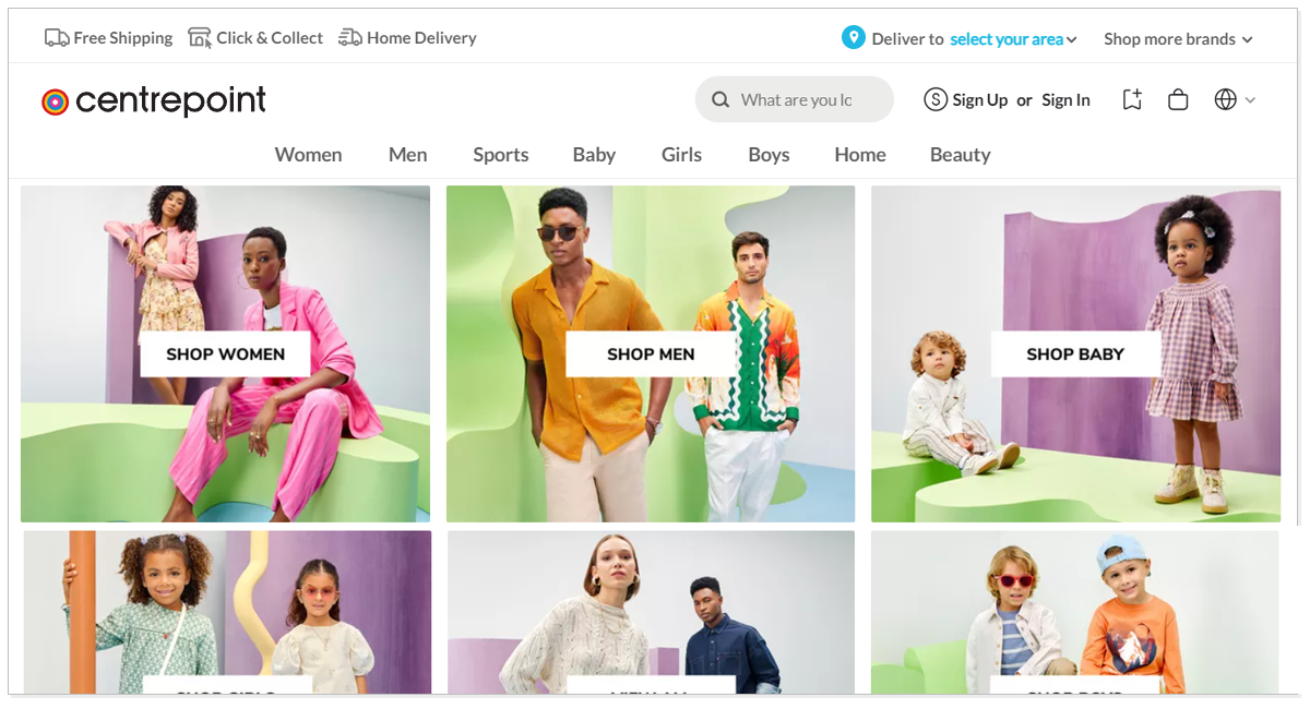 Home page of Centrepoint with the pictures of different clothing styles for different age groups.