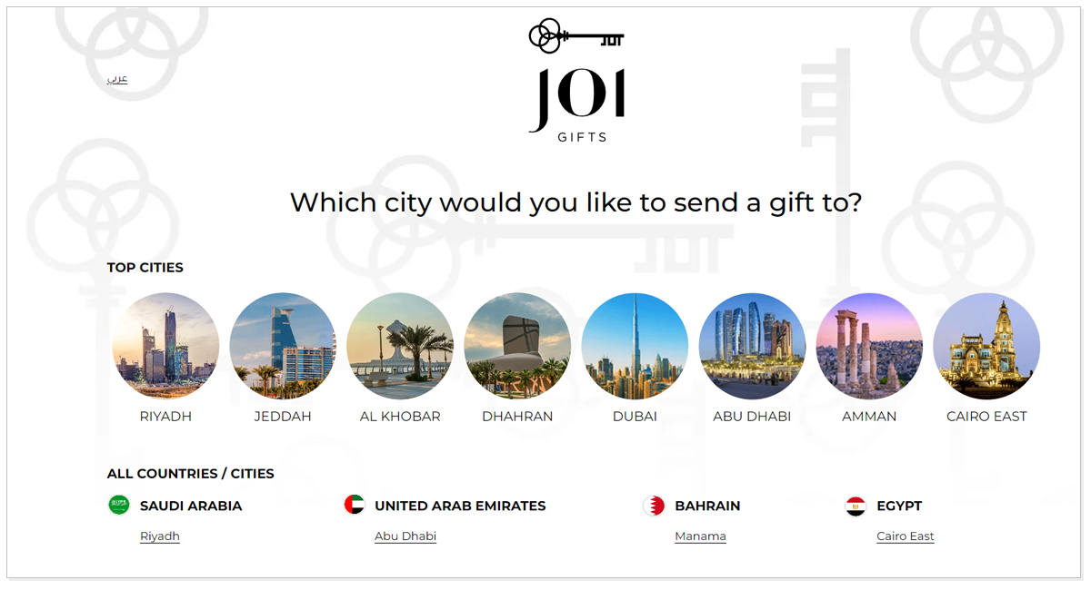 Home page of Joi Gifts showcasing different cities name with the famous place picture of that respective cities.