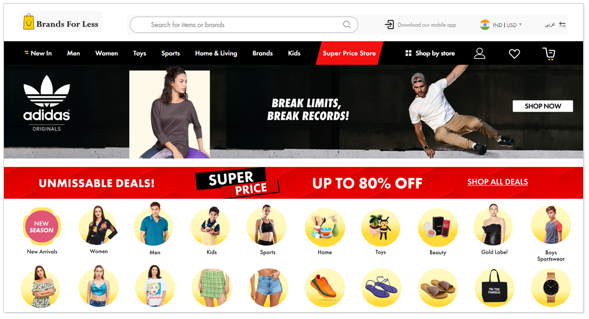 Home page of Brands For Less with the picture of a lady on one side and a picture of a man on the other side with up to 80% discount.