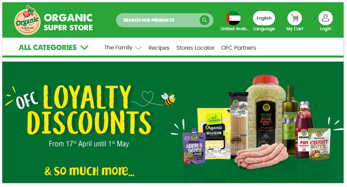 Organic Foods and Cafe home page with picture of its products and a search bar.