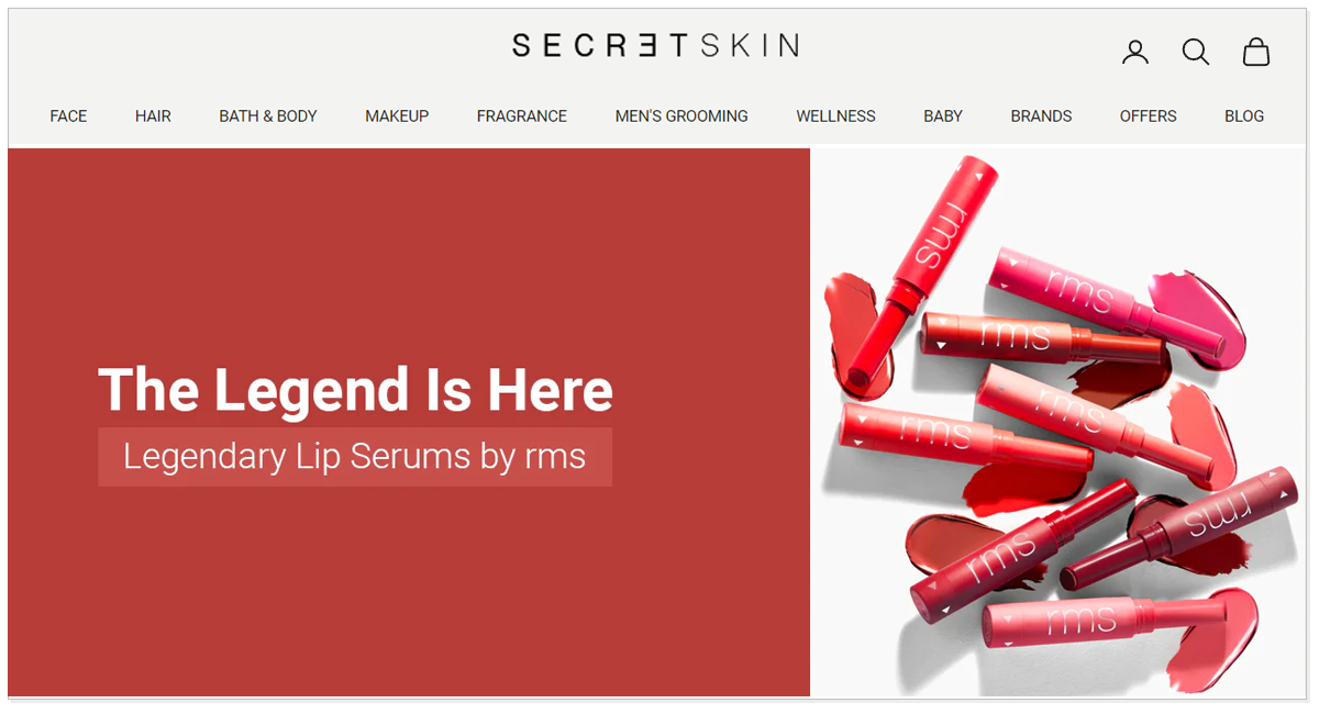 Home page of Secret Skin with the pictures of its beauty products.