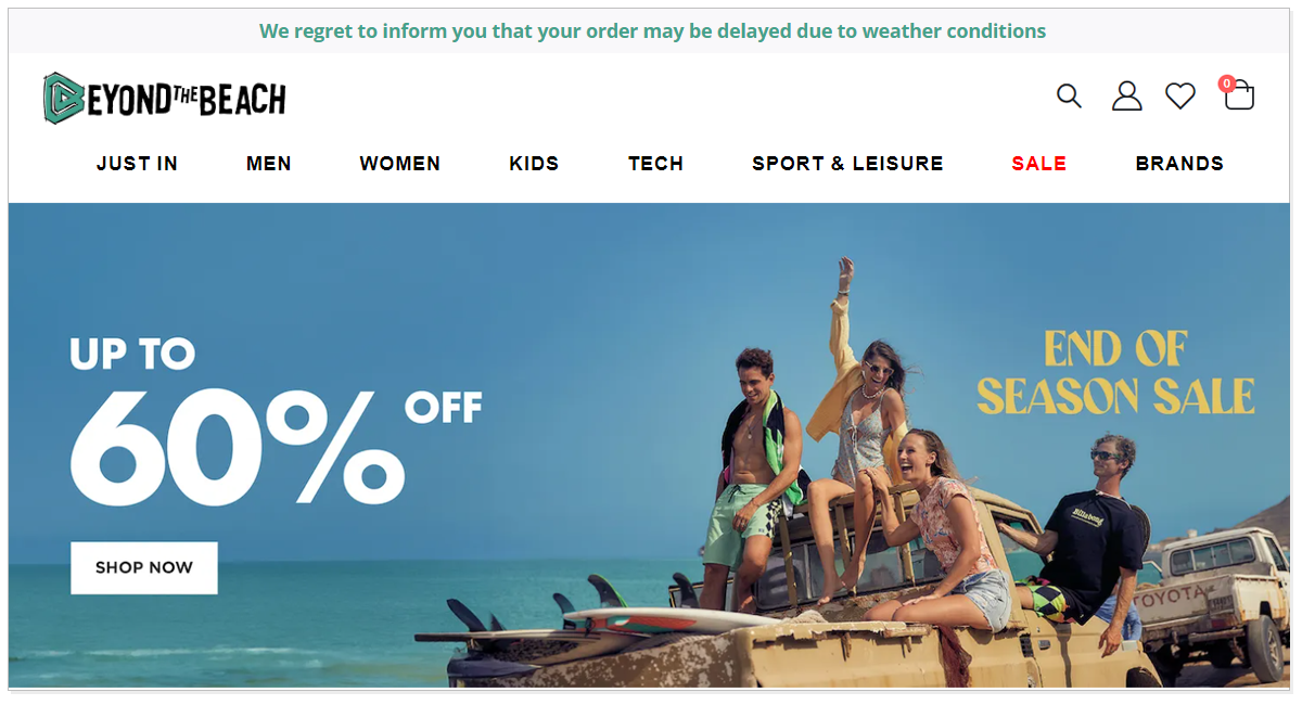 Beyond The Beach home page with the picture of boys and girls having fun on the car and a shop now button with 60% off.