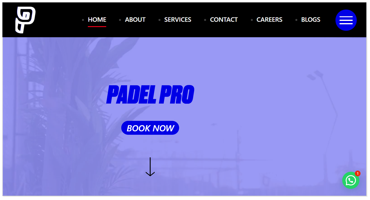 Home page of Padel Pro with the Book Now button.