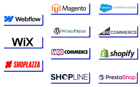 customfit integrates with webflow, wix, magento, woocommerce, wordpress, shoplazza, shopine, shopify, prestashop, bigcommerce, salesforce